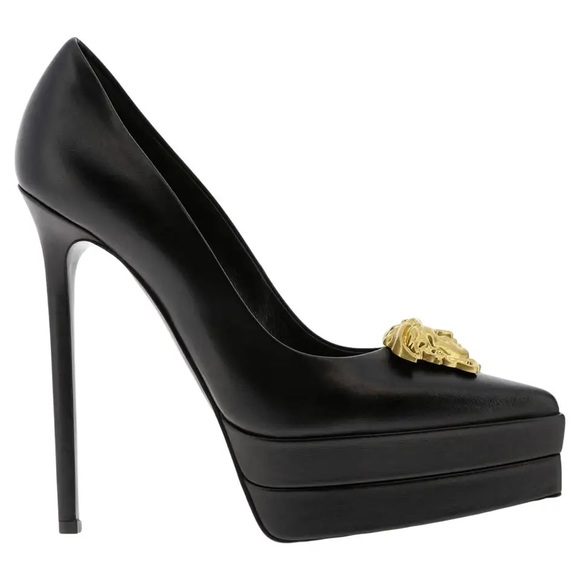 Woman’s Versace Blck Leather Gold Medusa Palazzo Platform Stiletto Pump Sz 38 - Picture 4 of 6